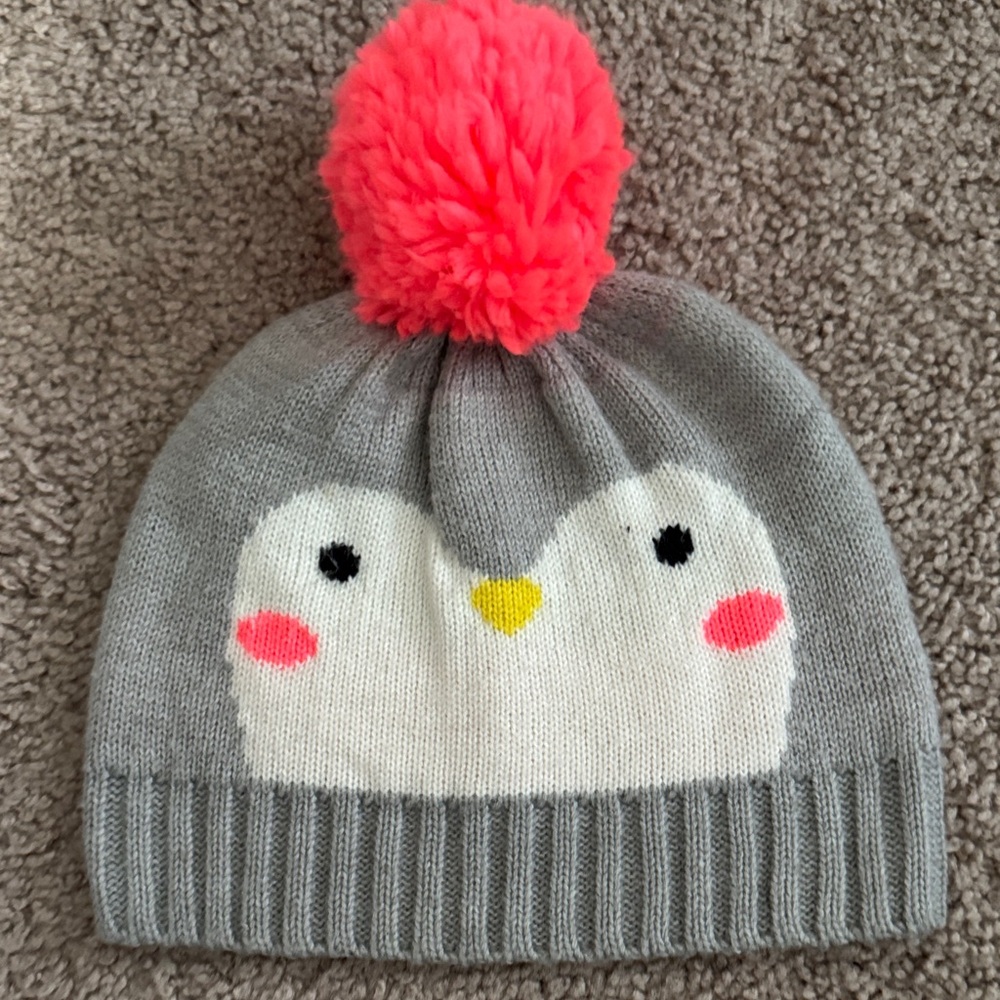 Gray Penguin Beanie with Pink Pom Pom